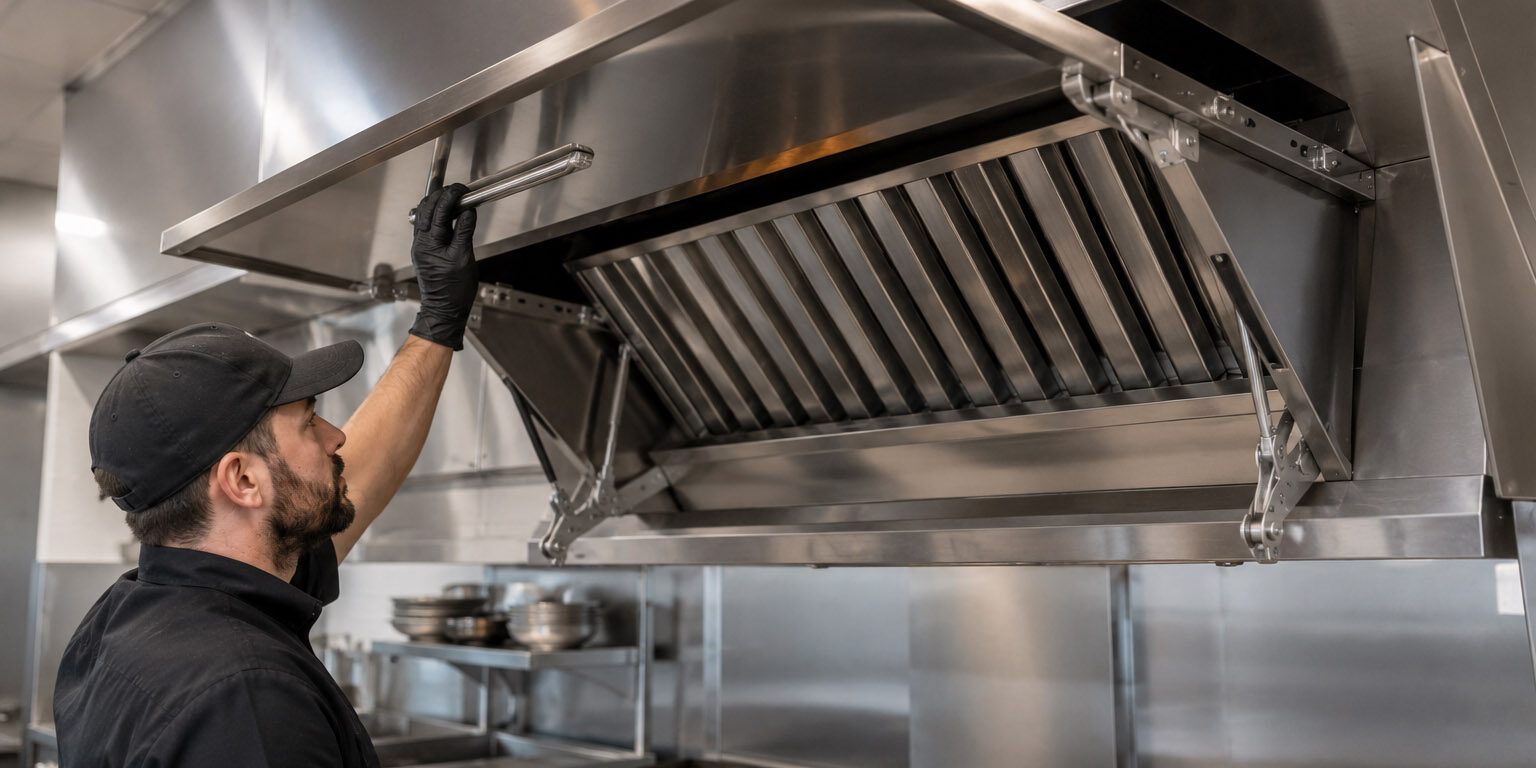 Kitchen Technician Inspecting Open Vent Hood